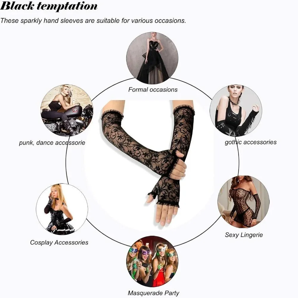 Women's Halloween Black 1 Dress Fingerless Spider Gothic Playing Lace Gloves